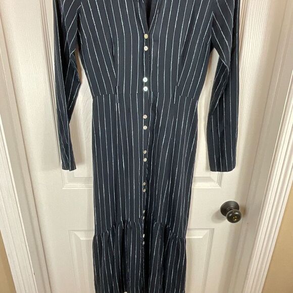 Becken Cinched Flare Dress Sz 2 Navy Blue Pinstriped Button Front Silk Dress H3 - Picture 5 of 12